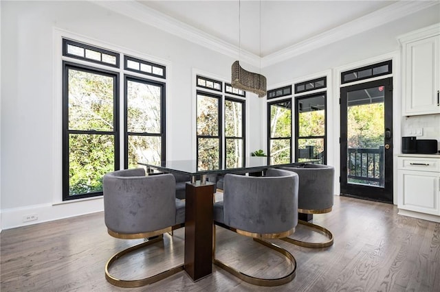 dining space with dark hardwood / wood-style floors, a wealth of natural light, and ornamental molding