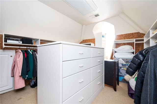 spacious closet with light carpet and vaulted ceiling