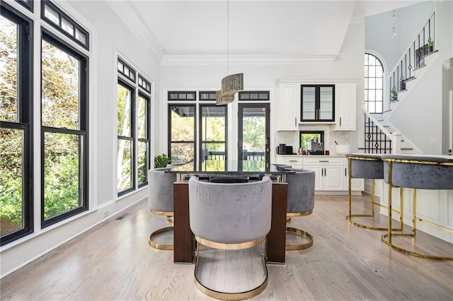 interior space with plenty of natural light, light wood-type flooring, and crown molding