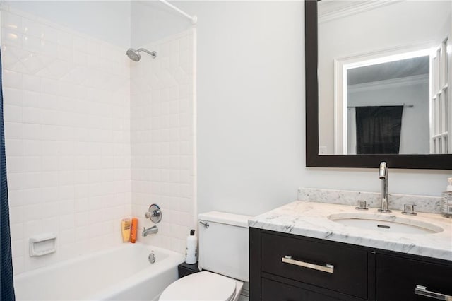 full bathroom with toilet, vanity, shower / tub combo with curtain, and ornamental molding