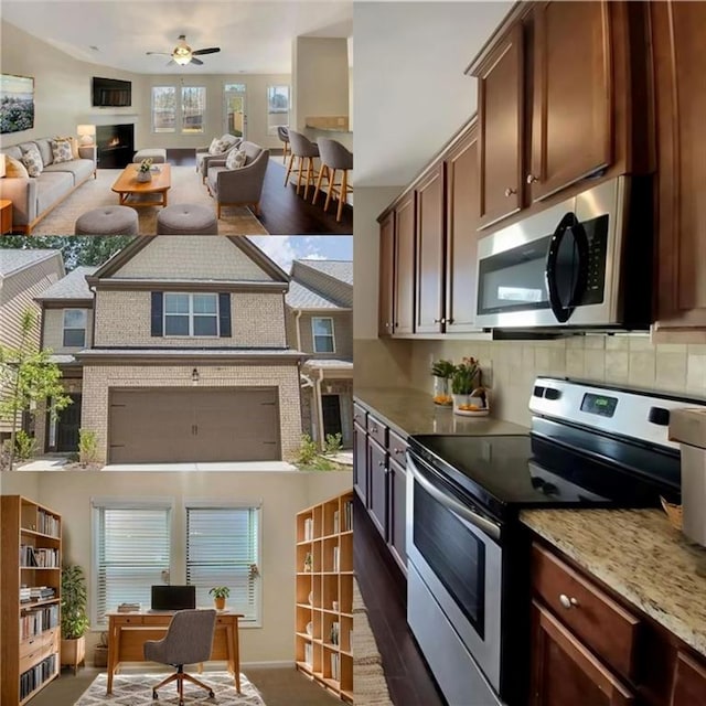 kitchen with a warm lit fireplace, a ceiling fan, appliances with stainless steel finishes, light stone countertops, and tasteful backsplash