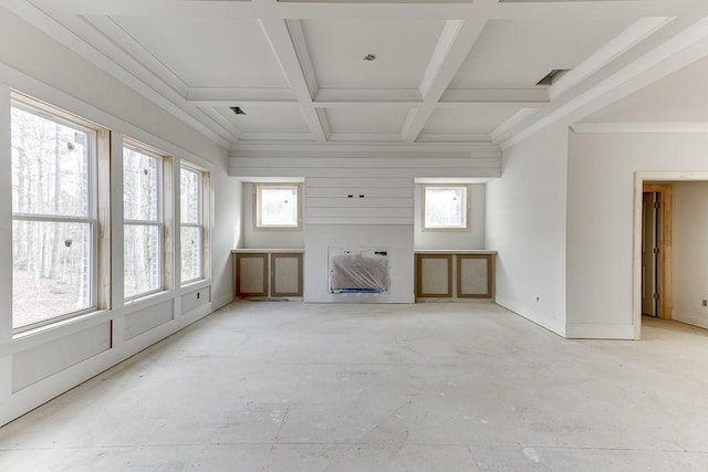 unfurnished living room with beam ceiling and coffered ceiling