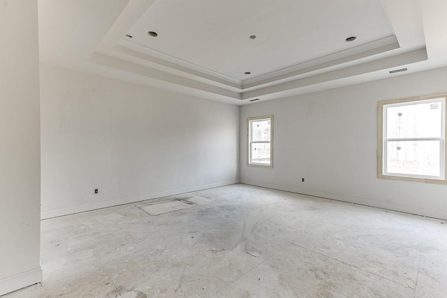 spare room with a raised ceiling