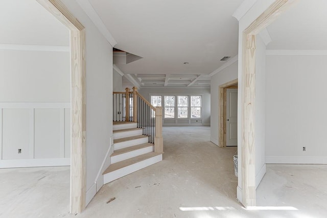 stairs featuring ornamental molding