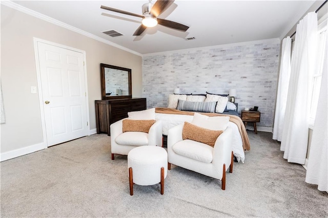 bedroom with baseboards, visible vents, ornamental molding, and carpet flooring