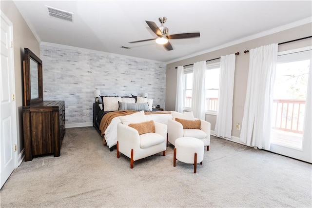 bedroom featuring light carpet, baseboards, visible vents, and ornamental molding