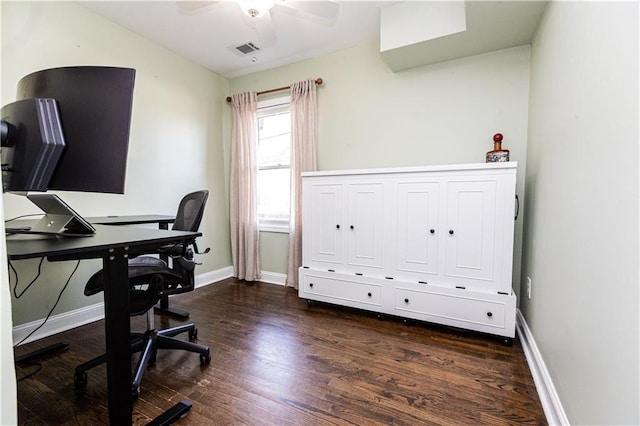 office area featuring a ceiling fan, baseboards, visible vents, and dark wood-style flooring