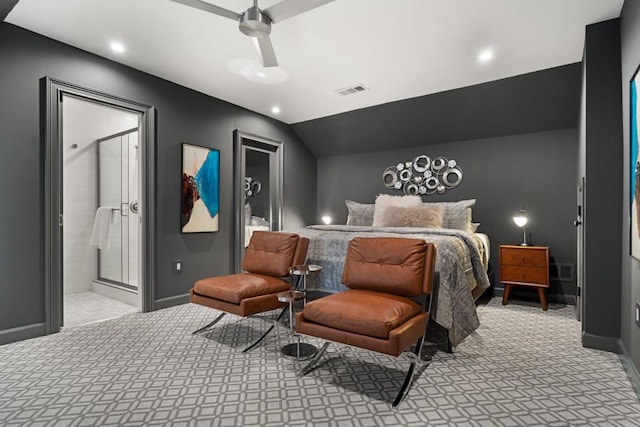 bedroom featuring visible vents, lofted ceiling, light carpet, baseboards, and ceiling fan