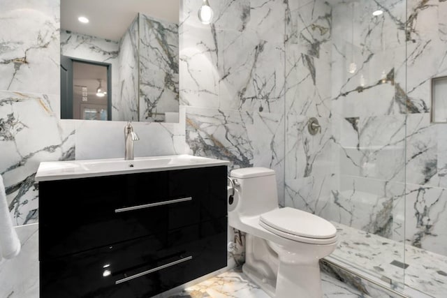 full bath with stone wall, toilet, a marble finish shower, marble finish floor, and tile walls