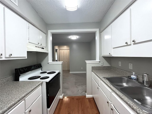 3020 Wingate Way, Sandy Springs, GA 30350 - kitchen featuring under cabinet range hood, white cabinets, a sink, and range with electric stovetop