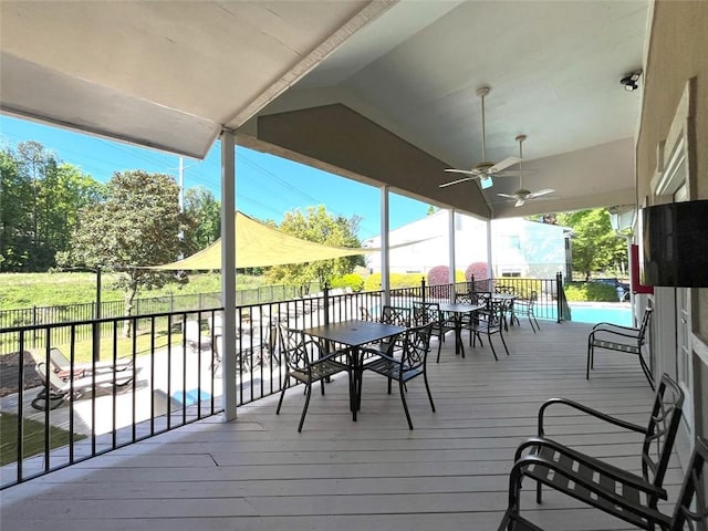 3020 Wingate Way, Sandy Springs, GA 30350 - wooden terrace with a ceiling fan, outdoor dining area, and fence