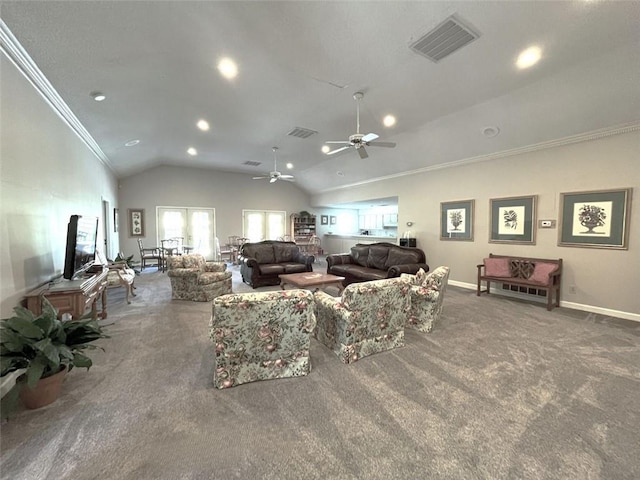 3020 Wingate Way, Sandy Springs, GA 30350 - living room featuring ornamental molding, carpet, visible vents, and lofted ceiling