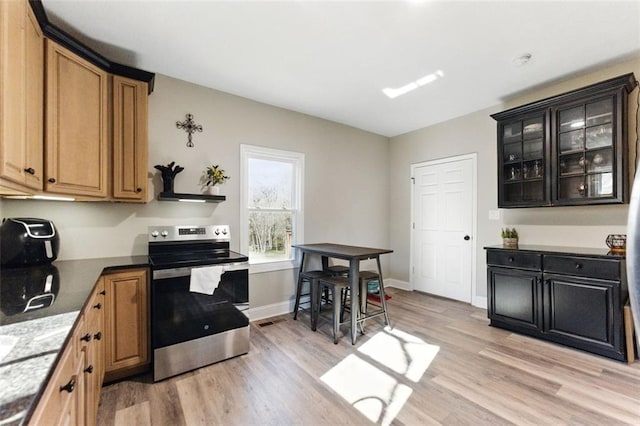 kitchen with glass insert cabinets, light wood-style floors, baseboards, and stainless steel electric stove