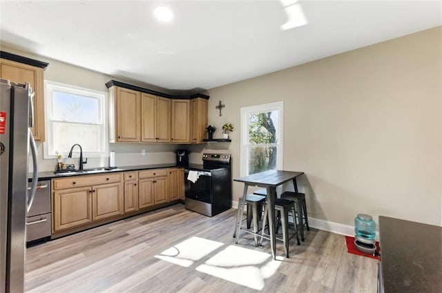 kitchen with appliances with stainless steel finishes, light wood-type flooring, a sink, and baseboards