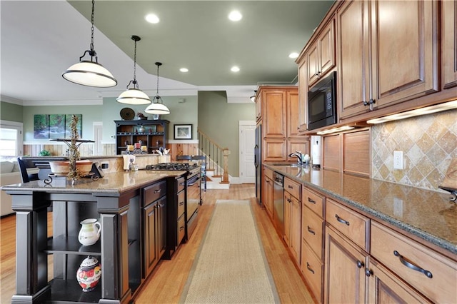 79 Strawberry Way, Jasper, GA 30143 - kitchen featuring black appliances, open floor plan, light wood-type flooring, stone counters, and crown molding