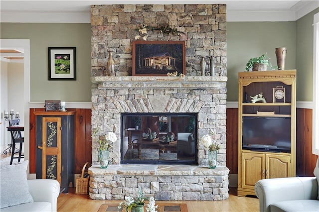 79 Strawberry Way, Jasper, GA 30143 - living room featuring a stone fireplace, ornamental molding, and wood finished floors