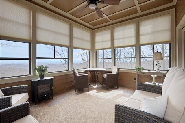79 Strawberry Way, Jasper, GA 30143 - sunroom featuring a wood stove and coffered ceiling