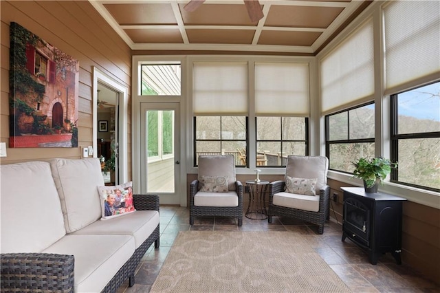 79 Strawberry Way, Jasper, GA 30143 - sunroom with coffered ceiling and a wood stove