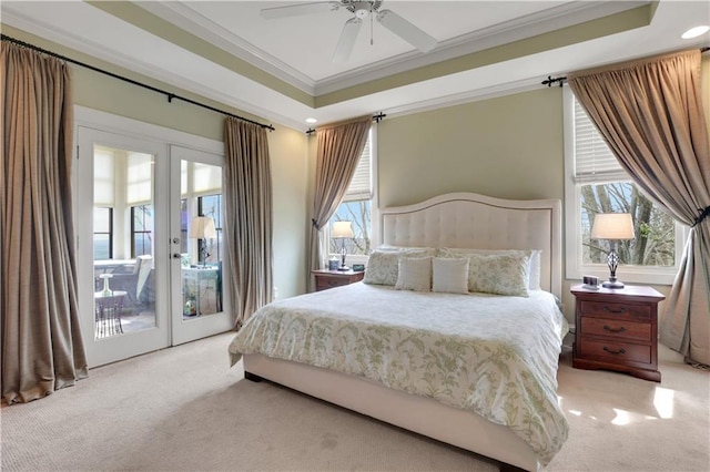 79 Strawberry Way, Jasper, GA 30143 - carpeted bedroom featuring ornamental molding, french doors, access to exterior, a tray ceiling, and ceiling fan