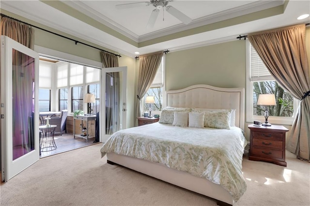79 Strawberry Way, Jasper, GA 30143 - carpeted bedroom with ornamental molding, access to exterior, a tray ceiling, recessed lighting, and a ceiling fan