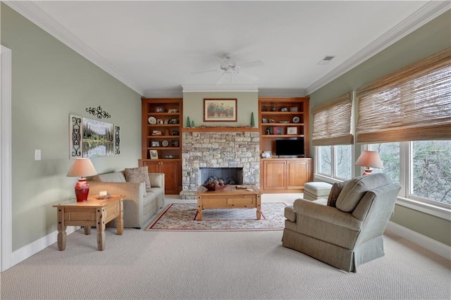 79 Strawberry Way, Jasper, GA 30143 - carpeted living area featuring a ceiling fan, ornamental molding, and a fireplace