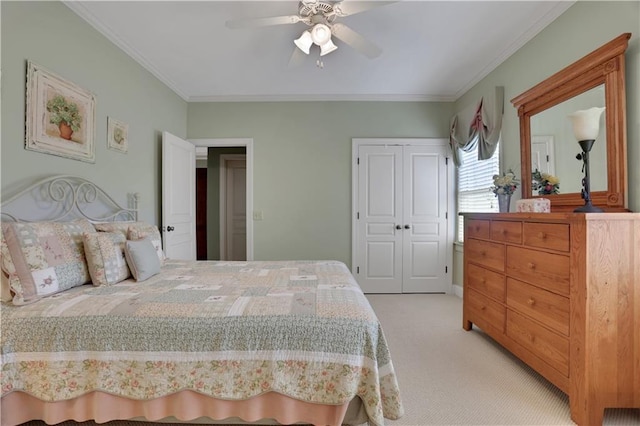 79 Strawberry Way, Jasper, GA 30143 - bedroom with light carpet, ornamental molding, ceiling fan, and a closet