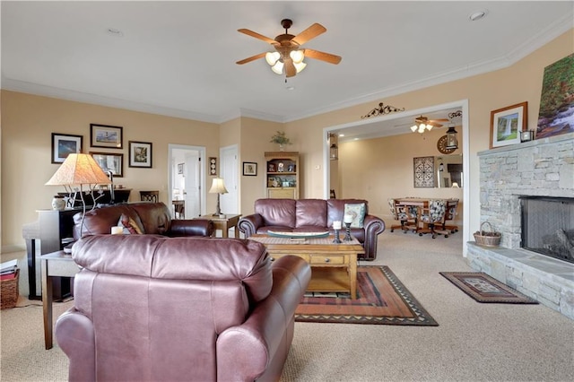79 Strawberry Way, Jasper, GA 30143 - living room featuring carpet floors, a ceiling fan, crown molding, and a fireplace