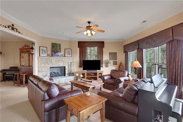 79 Strawberry Way, Jasper, GA 30143 - carpeted living area featuring a ceiling fan, plenty of natural light, crown molding, and a stone fireplace