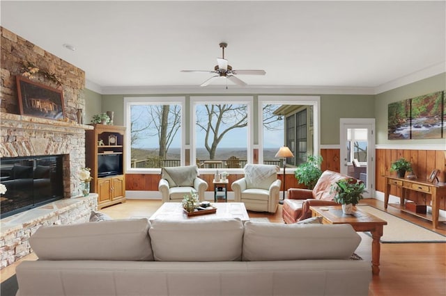 79 Strawberry Way, Jasper, GA 30143 - living room with crown molding, ceiling fan, light wood-style flooring, a fireplace, and a wainscoted wall