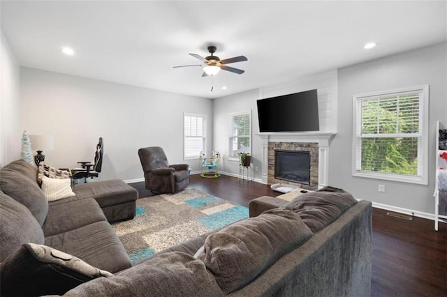 1016 Buckeye Ln, Villa Rica, GA 30180 - living room featuring baseboards, healthy amount of natural light, ceiling fan, recessed lighting, and dark wood finished floors