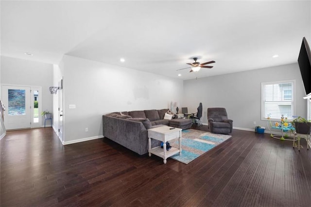 1016 Buckeye Ln, Villa Rica, GA 30180 - living room with wood finished floors, baseboards, ceiling fan, and recessed lighting