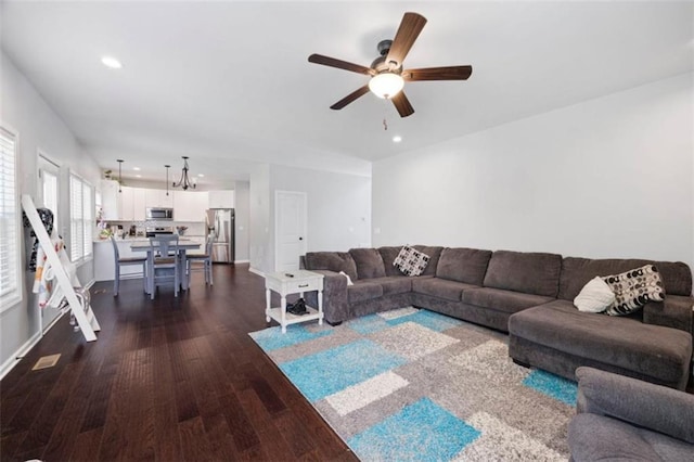 1016 Buckeye Ln, Villa Rica, GA 30180 - living area featuring a ceiling fan, dark wood finished floors, recessed lighting, and baseboards