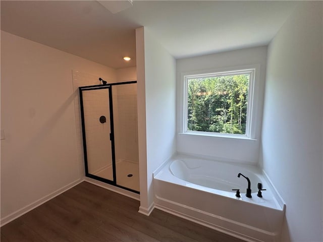 23 Gresham Ct, Dawsonville, GA 30534 - full bathroom featuring a garden tub, a stall shower, wood finished floors, and recessed lighting