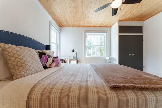 bedroom with wooden ceiling, crown molding, and ceiling fan