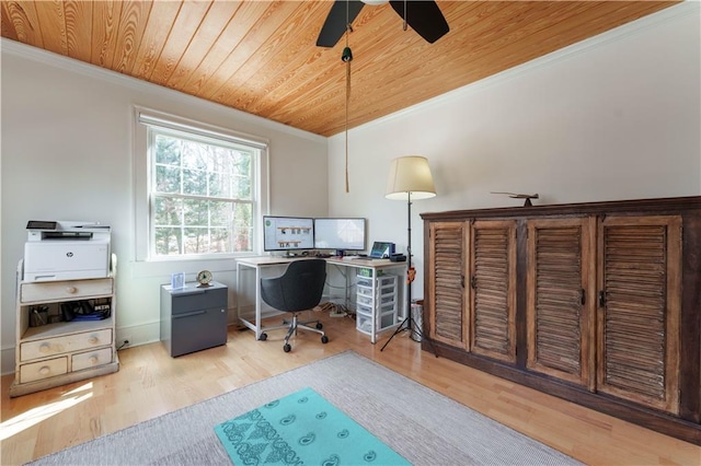 office area with wood ceiling, ornamental molding, and wood finished floors