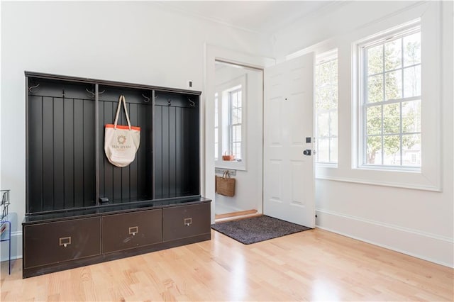 mudroom with baseboards and wood finished floors