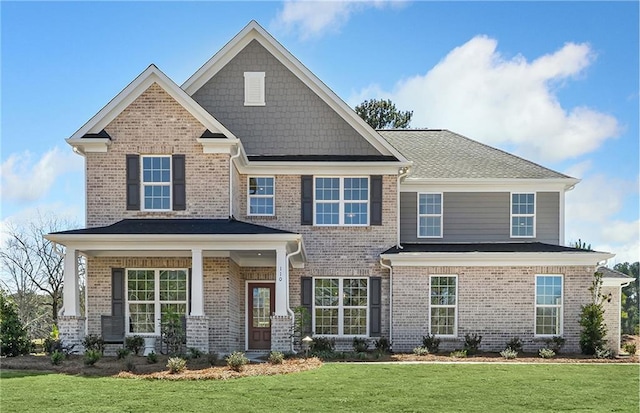 craftsman-style home featuring covered porch, a front yard, and brick siding