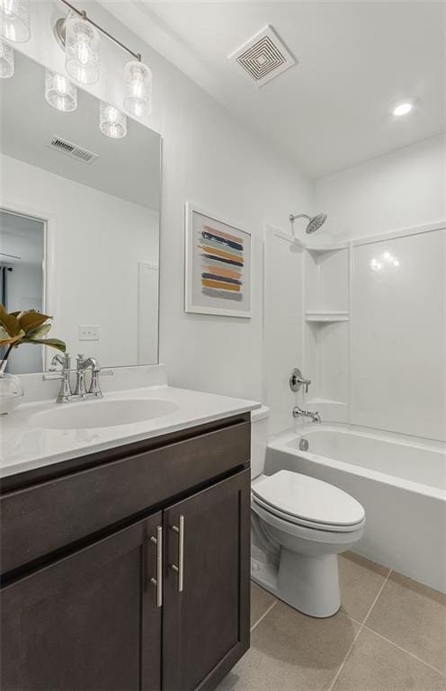 full bath with tile patterned floors, visible vents, toilet, and vanity