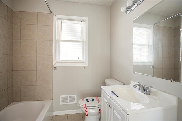 full bath with tile patterned flooring, toilet, vanity, bathing tub / shower combination, and visible vents