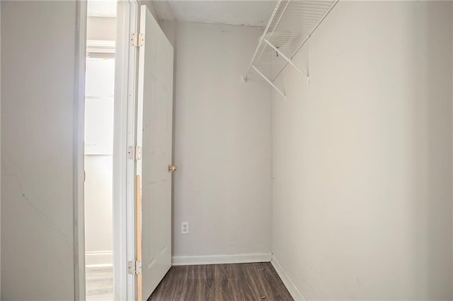 walk in closet with dark wood-style floors