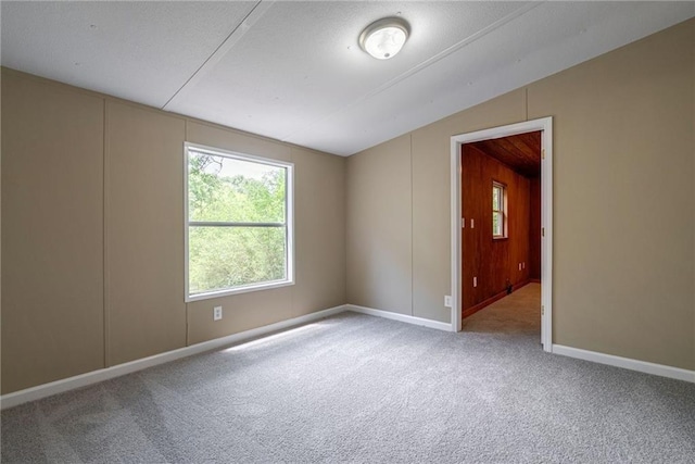 unfurnished room featuring carpet and lofted ceiling