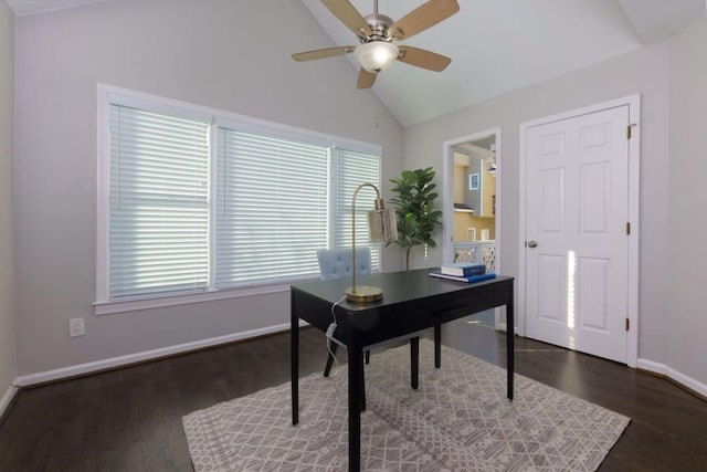 office space featuring lofted ceiling, dark wood-type flooring, and ceiling fan