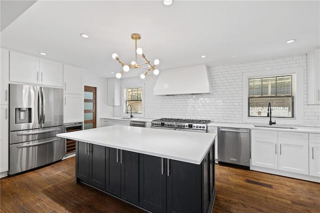 kitchen featuring plenty of natural light, appliances with stainless steel finishes, premium range hood, and a sink