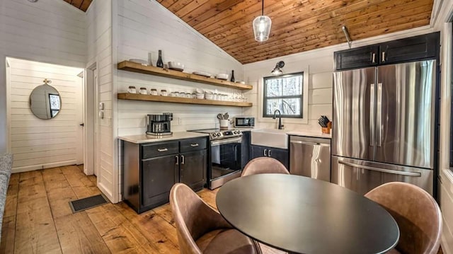 kitchen with a sink, stainless steel appliances, lofted ceiling, and wooden ceiling