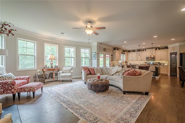 285 Turtle Rock Pl, Acworth, GA 30101 - living area featuring ornamental molding, dark wood-type flooring, a ceiling fan, and recessed lighting