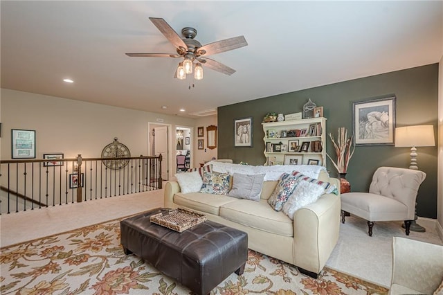 285 Turtle Rock Pl, Acworth, GA 30101 - carpeted living area with ceiling fan and recessed lighting
