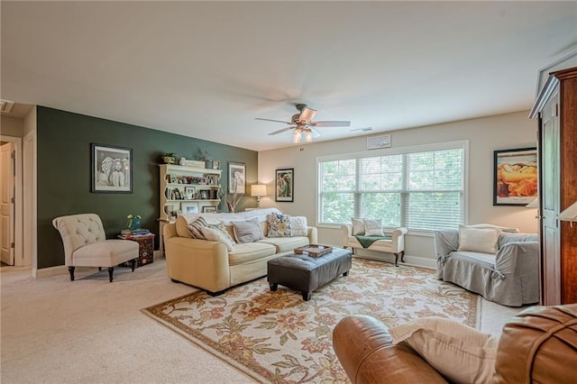 285 Turtle Rock Pl, Acworth, GA 30101 - living room with a ceiling fan, light colored carpet, and baseboards