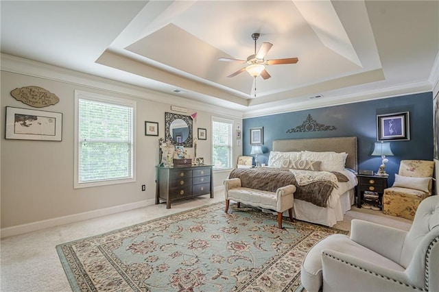 285 Turtle Rock Pl, Acworth, GA 30101 - bedroom with a tray ceiling, multiple windows, crown molding, carpet floors, and baseboards