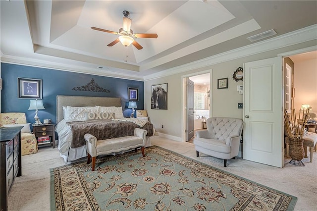 285 Turtle Rock Pl, Acworth, GA 30101 - bedroom featuring a raised ceiling, carpet, crown molding, ceiling fan, and ensuite bath