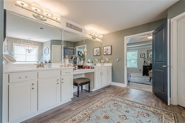 285 Turtle Rock Pl, Acworth, GA 30101 - bathroom featuring wood finished floors, double vanity, and baseboards